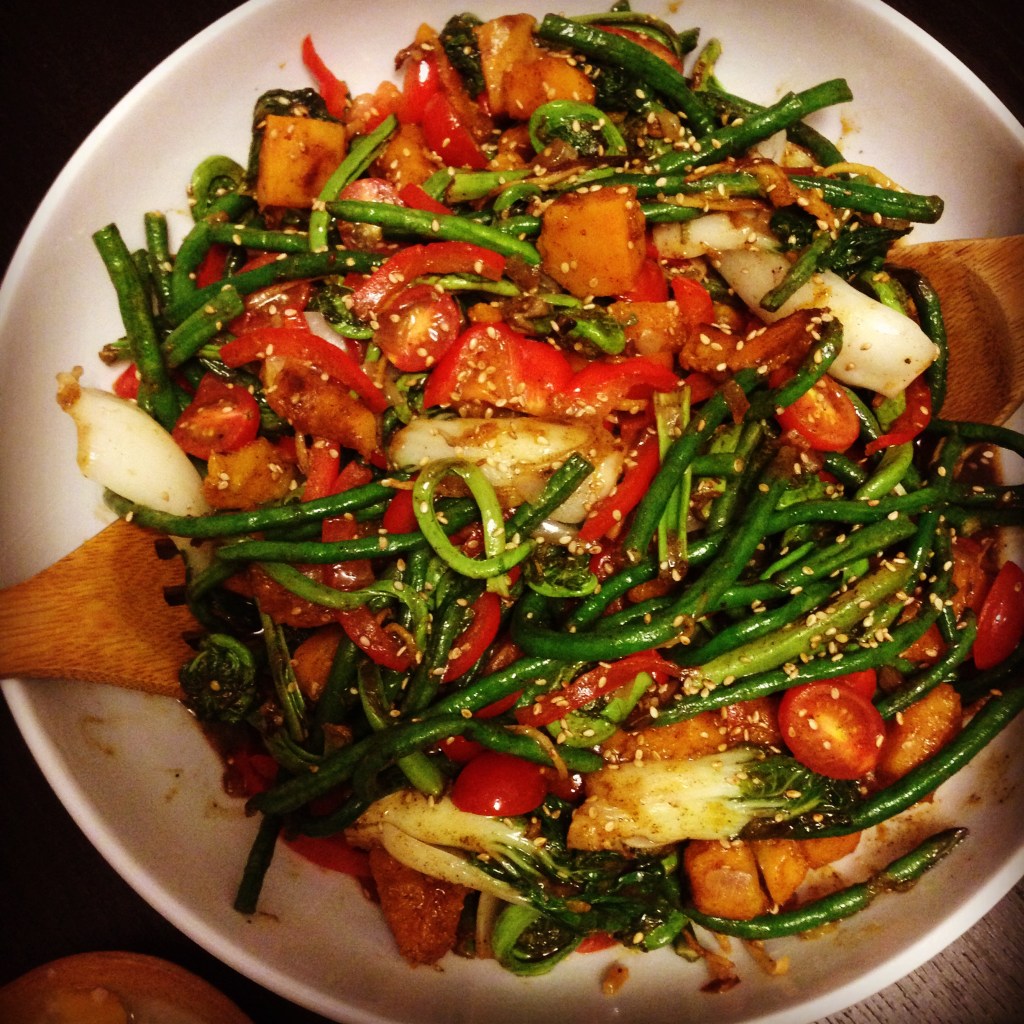 Fil-Am Vegetable Stir-fry - Seasonal fiddleheads, kalabasa, sitaw, red peppers, tomatoes, bok choy in a tamarind sesame glaze